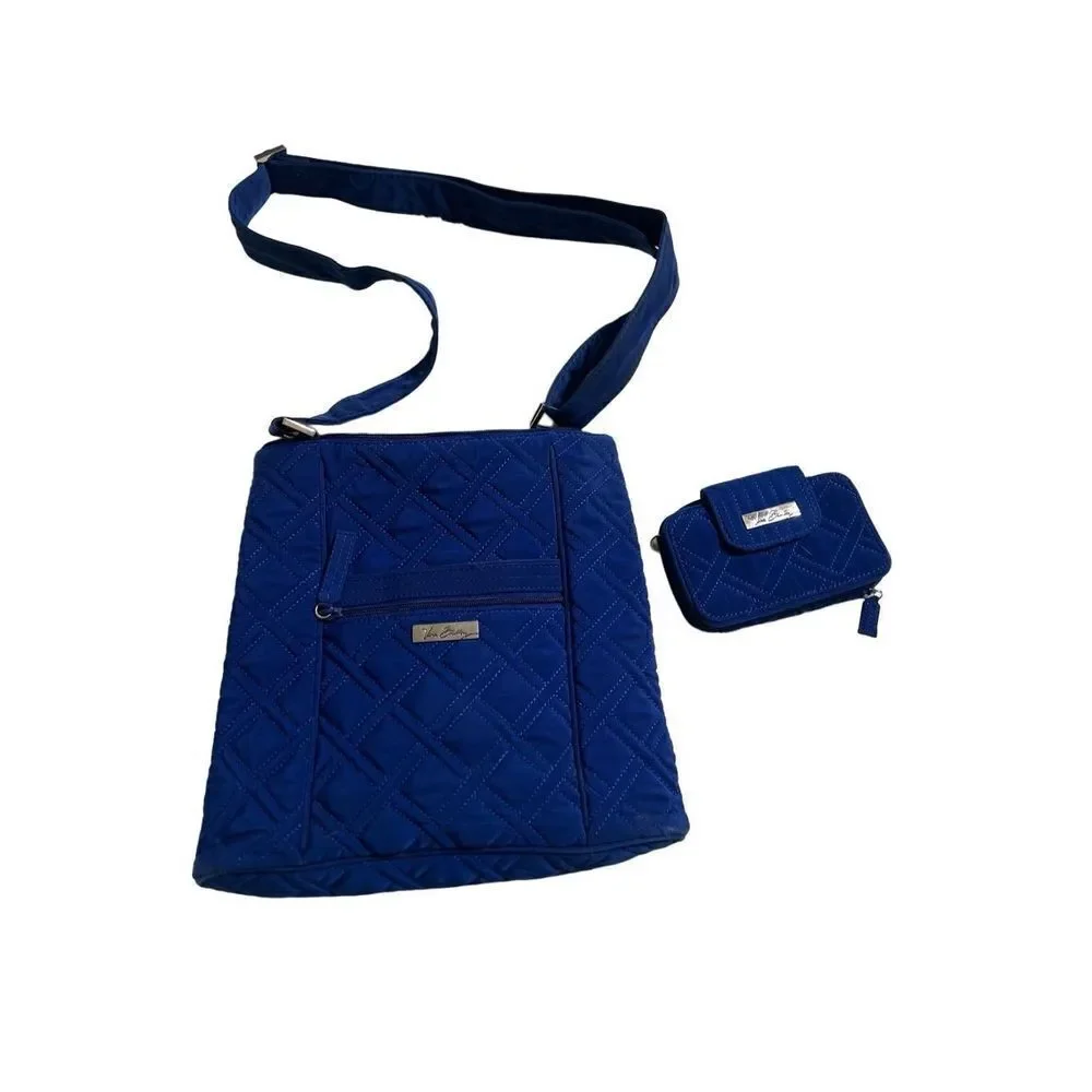 Vera Bradley Solid Blue Crossbody Messenger Bag with Matching Wallet
